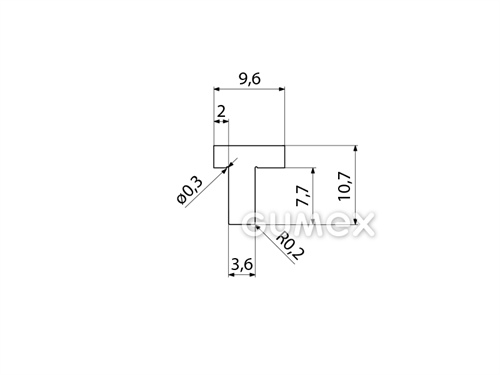 Silikónový profil tvaru "T", 10,7x9,6/3,6mm, 45°ShA, -60°C/+180°C, transparentný